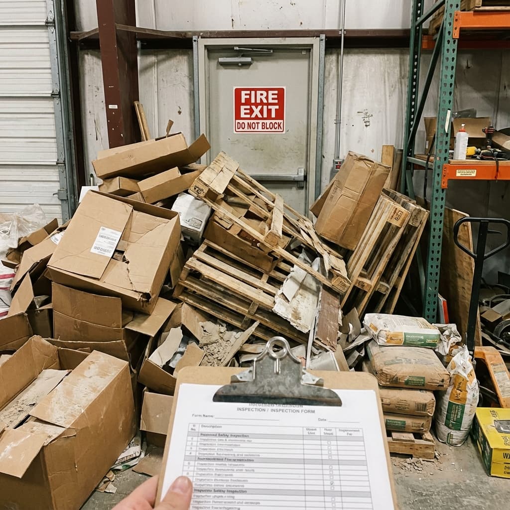 Example inspection photo showing items obstructing an emergency exit