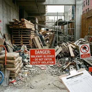 Walkway marked with danger tape blocked by stacked material bags and debris