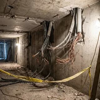 Frayed electrical cables hanging from a ceiling opening in a concrete corridor