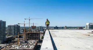 Worker standing at an unprotected roof edge without fall arrest equipment