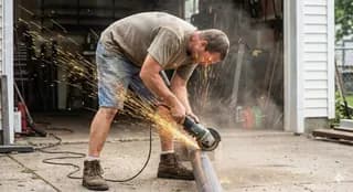 Worker grinding steel in a t-shirt with sparks flying and no face shield