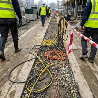 Damaged copper cable tagged "danger" lying across a walkway with other loose cables
