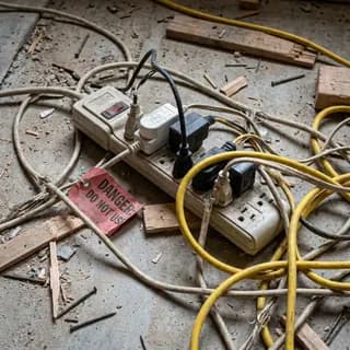 Several power strips daisy-chained together on a workshop floor