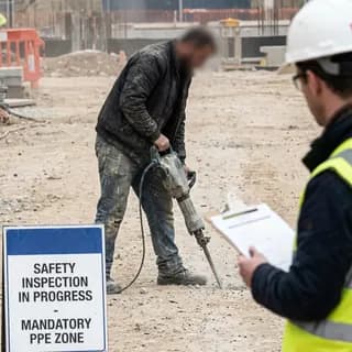 Worker operating a jackhammer without a helmet or hearing protection